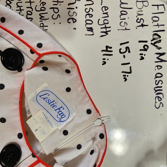 Vintage White Pin Up Polka Dot Belted Dress With Buttons Red Trim - Picture 8 of 10